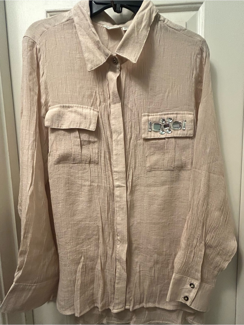 Cato Semi Sheer Button-Down Shirt with Embellished Chest Pocket